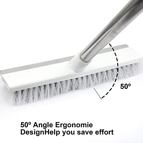 Floor Scrub Brush With Squeegee & Firm Long Handle, 2 In 1 Scrape & Brush Stiff Bristle Scrubber For Cleaning Tub, Tile, Bathroom, Patio, Kitchen, Wall, Deck With A Free Corner &Tub/Toilet Brush #TOP6