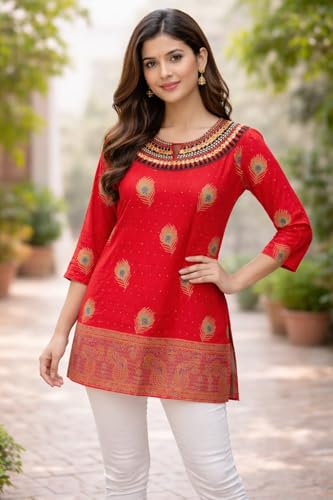 Image of Women's Red Kurti with Skirt Set, Peacock Feather Print, Embellished Neckline, Ethnic Wear