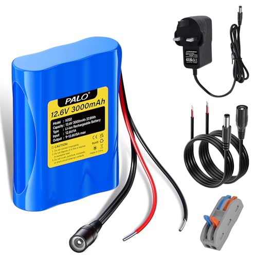 Mspalocell 12.6V 3000mAh Lithium-ion Battery with Charger & 2 Connection Lines for Solar Panel, Radio, Cameras, Camcorders, Electronic organ, DIY reading lamp, Telescopes, Sonar, Signal tool