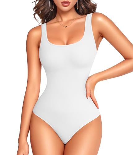 LODAY White Bodysuit Women Scoop Neck Body Suits Sleeveless Double Lined Bodysuit Tank Top（X-Small,White