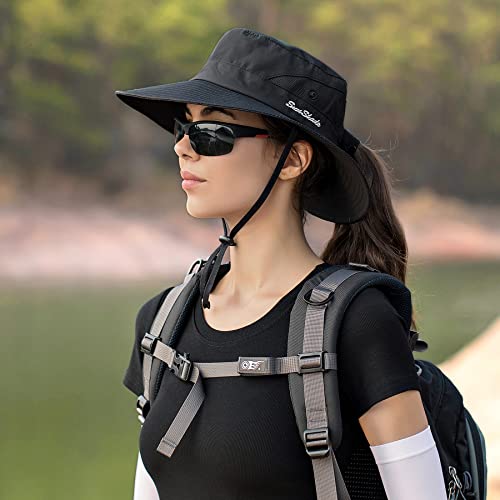 Npqquan Ponytail Sun Hat For Women 3” Wide Brim Upf 50+ Bucket Fishing Beach Hats Black (Ponytail Hole) #TOP3