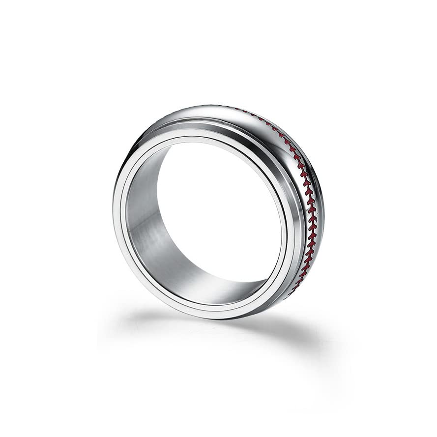 Unisex Stainless Steel 8mm Simple Personality Baseball Pattern Rotatable Fidget Ring Domed Style3