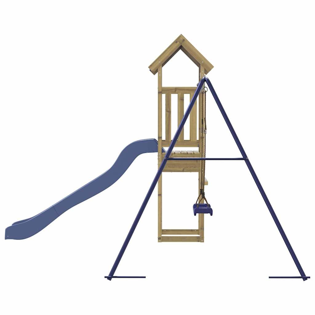 Torre da gioco in legno di pino impregnato con altalena, scivolo ondulato, sabbiera e struttura da arrampicata per bambini in giardino, stabile casetta per esterni con sedile, corda e trapezio