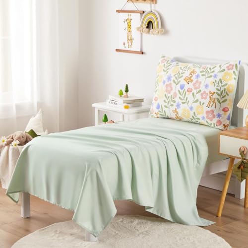 Image of Wake In Cloud - Floral Toddler Bedding Set for Girls, Cute Colorful Botanical Flowers with Deers, 4 Pieces Soft Crib Bed Set Including Comforter, Sheets and Pillowcase, Green Cream