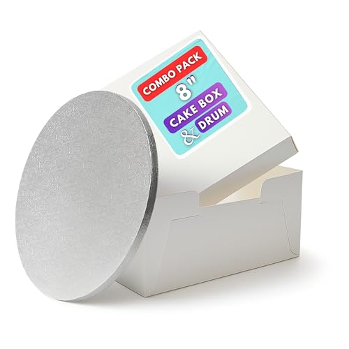 Pack N Trade White 8-Inch Cake Box with 13mm Round Silver Drum Durable 8×8×5 Cake Box & Drum Combo Ideal for Birthday & Wedding Cakes Cake Decorators & Home Bakers