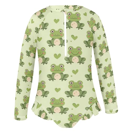 Green Frog and Love Heart Girls Long Sleeve Swimsuit Rash Guard One Piece Bathing Suits Zipper 3-12T2