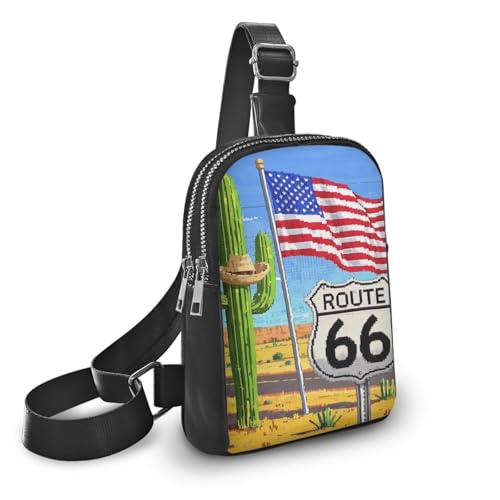 American Travel Small Crossbody Bags for Women Pixel Art Sling Chest Bag, Route 66 Print Daypack Crossbody Purse Hiking Chest Packs PU Leather