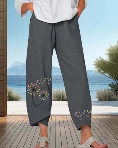 Cotton Linen Capri Pants for Womens Casual Summer Printed Waist Wide Leg Palazzo Cropped Baggy Trousers with Pockets4