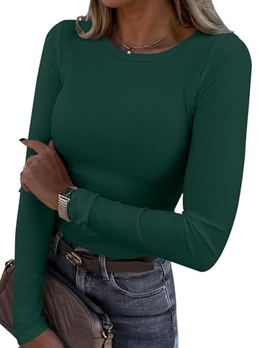 DB MOON Womens Ribbed Tops Dark Green Long Sleeve Shirts Fall Fitted Crewneck Layer Slim Basic Tee S