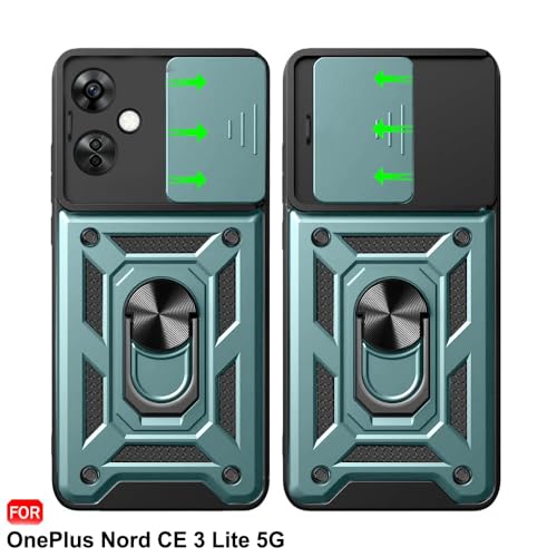 Image of TheGiftKart Tough Armor Bumper Back Cover Case for OnePlus Nord CE 3 Lite 5G | Ring Holder & Kickstand in-Built | 360 Degree Protection Back Cover Case (PC & TPU, Sliding Camera Cover, Green)