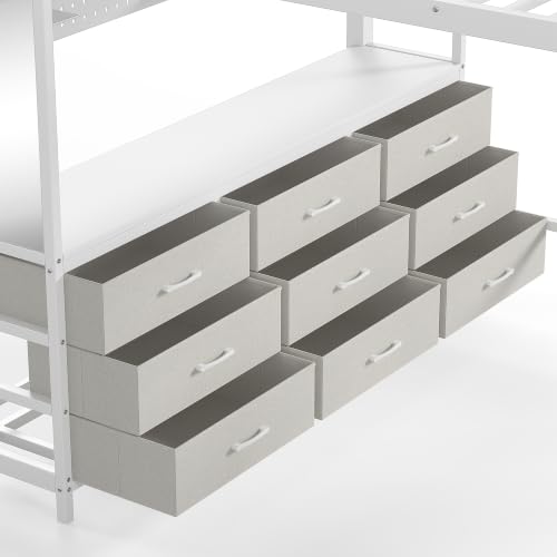 Image of Bellemave Metal Queen Loft Bed Frame with Desk, Storage Drawers,USB,Mirror for Adults,Kids,Teens,White
