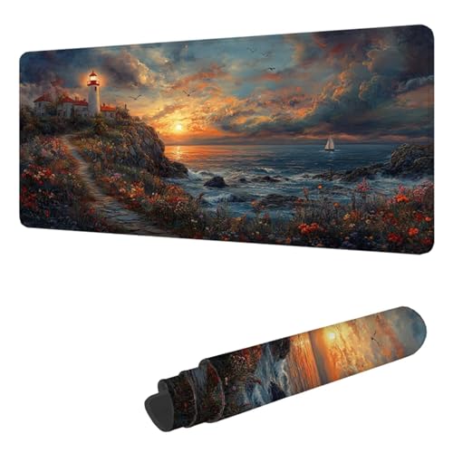 Gaming musmatta XXL 1 600 x 800 x 3 mm fyrtorn musmatta stort skrivbordsunderlägg med halkfri gummibas, med sömmar på kanterna halkfri spelmusmatta landskap, skrivbordstillbehör H-2088