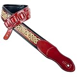 Walker & Williams KB-05-LBRN Bourbon Red Full Grain Center Block Carving Leather Padded Guitar Strap With Aged White Celtic Chain For Acoustic, Electric, And Bass Guitars