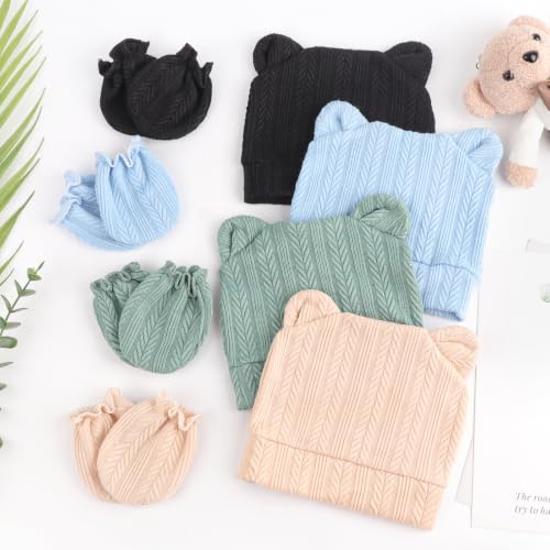 Image of BQUBO Newborn Baby Hats Bear Ears and Mittens Sets Preemie Caps Baby Boy Girl Infant Hospital Beanie for 0-3 Months