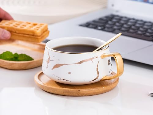 Jusalpha 10 oz Luxury Golden Hand Print Coffee Teacup with Bamboo Saucer Set Fashion Marble Pattern for Women TCS19 (White) by Jusalpha - Used condition - Image 7