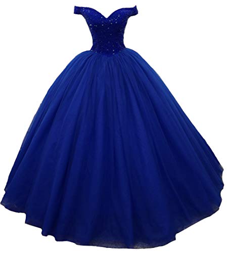 Kivary Off The Shoulder Heavy Beaded Long Ball Gown Prom Evening Dress Royal Blue US 6