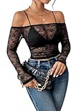 Verdusa Women's Off Shoulder Long Sleeve Crop Top See Through Lace Tee Shirt Without Bra Black L