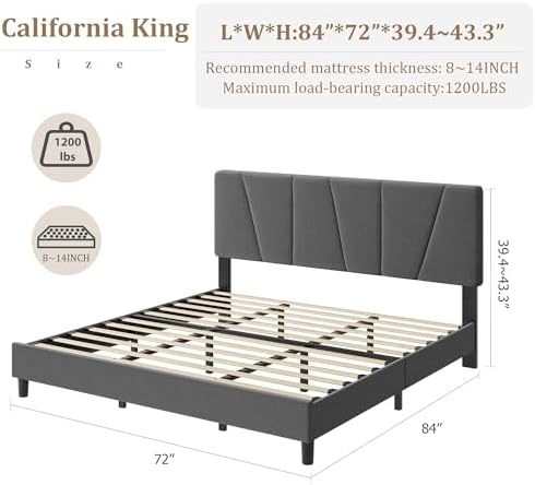 California King Bed Frame with Upholstered Headboard, Platform Bed Frame with Anti-Squeak Hook-and-Loop Slats, Adjustable Headboard, No Box Spring Needed, Sturdy Metal Support, Noise Free, Easy Assemb - 1