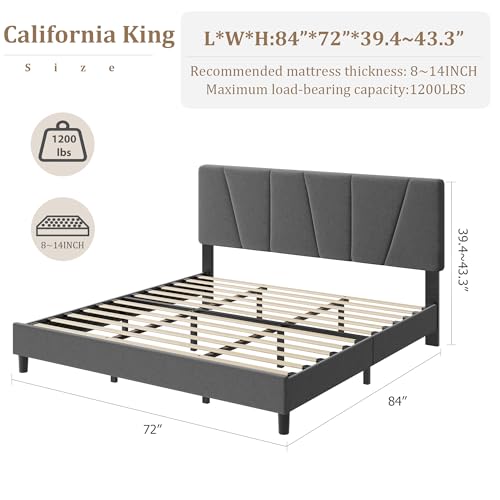 California King Bed Frame with Upholstered Headboard, Platform Bed Frame with Anti-Squeak Hook-and-Loop Slats, Adjustable Headboard, No Box Spring Needed, Sturdy Metal Support, Noise Free, Easy Assemb