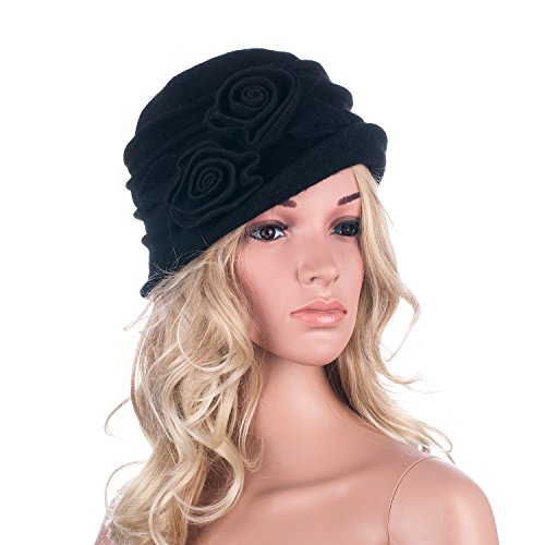 1920S Gatsby Womens Flower Wool Warm Beanie Bow Hat Cap Crushable A287 (Black) #TOP2