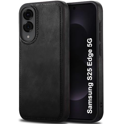 Image of TheGiftKart Genuine Leather Finish Back Cover Case for Samsung Galaxy S25 Edge 5G | Shockproof Design | Camera & Screen Protection | Stunning Minimalist Design Back Cover Case (Black)