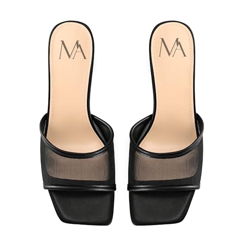 Image of MIRAAZZURRA Heel Mules for Woman Square Open Toe Chunky Block Short Low Heel Slip on Heeled Sandals Casual Comfort Party Shoes