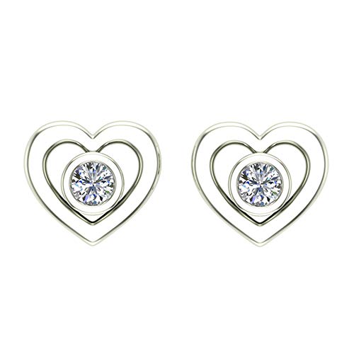Love Heart Earrings For Girls-Women Real Diamond Studs Gift Box Authenticity Cards 10K Solid White Gold 0.1 Ct Glitz Design #TOP2