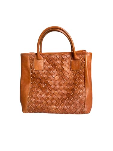 Large Handwoven Leather Tote Bag, Tan Brown, Woven Pattern, Top