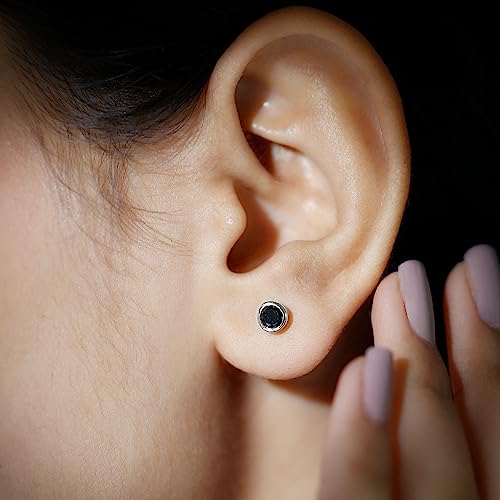 Black Diamond Stud Earrings For Women, Black Diamond Solitaire Stud Earrings, Bezel Set Black Diamond Gold Earrings (4 Mm Round Cut Black Diamond), 14K Yellow Gold #TOP3