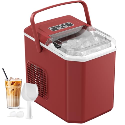 Macchina Ghiaccio 12Kg/24H, Macchina Del Ghiaccio Casa Autopulente 1,5L, Macchina Per Il Ghiaccio Professionale, Pronto In 6 Minuti, Con Maniglia/Silenzioso/Paletta/Cestello, Rosso