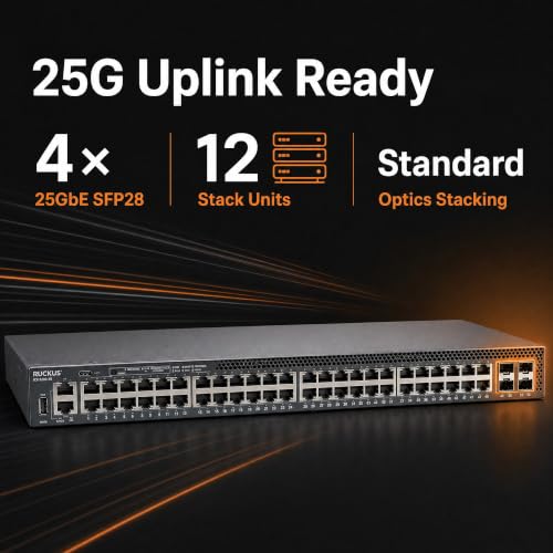 Image of Ruckus ICX8200-48 Managed Switch, 48x 10 /100 /1000 Mbps RJ-45, 4x 25GbE SFP28 Uplinks - Stackable Enterprise Switch, 3-Yr Remote TAC Included, TAA Compliant