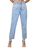 SweatyRocks Women's Casual High Rise Straight Leg Jeans Rhinestone Fringe Trim Denim Pants Light Wash L