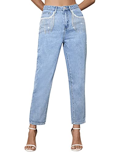 SweatyRocks Women's Casual High Rise Straight Leg Jeans Rhinestone Fringe Trim Denim Pants