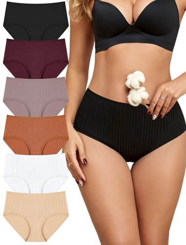 FINETOO Cotton Underwear for Women High Waisted Full Coverage Briefs Soft Breathable Moisture Wicking Ladies Panties 6 Pack