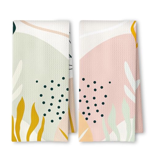 ArtisaEura Abstract Boho Floral Kitchen Towels Set of 2, Green and Pink Boho Botanical Leaf Dish Tea Towels for Kitchen Decor, Mid Century Modern Hand Towels for Bathroom Decor, 16x24 Inch