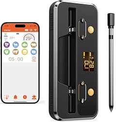 Termometro Cocina, Apkezel Termometro Digital Coci...: 【100% inalámbrico y alcance Bluetooth de 152 m】El termómetro de cocina es 100% inalámbrico y se puede insertar directamente en la carne o colocar en el horno, por lo que no hay cables enredados. El alcance de la conectividad inalámbrica Bluetooth es ...