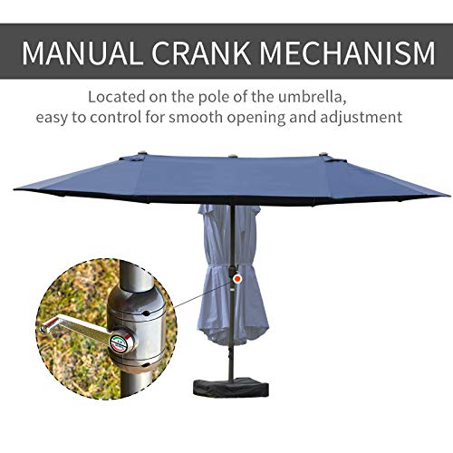Outsunny Patio Umbrella 15' Steel Rectangular Outdoor Double Sided Market With Base, Sun Protection & Easy Crank For Deck Pool Patio, Dark Blue #TOP4