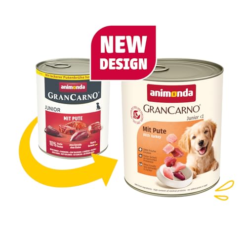 animonda GranCarno Junior mit Pute (6 x 800 g), Welpenfutter für Jungtiere, Nassfutter für Hunde mit 100% frischen, fleischlichen Zutaten, Hundefutter ohne Getreide