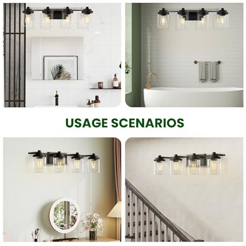 Image of Bathroom Vanity Light Fixture, 4-Light Modern Black Vanity Light Fixtures with Clear Glass Shade, Matte Black Bathroom Light Fixtures Over Mirror, Rustic Restroom Lighting Fixtures