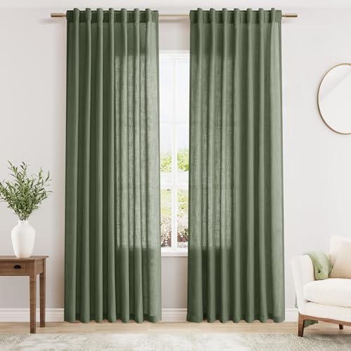 Olive Green Linen Curtains 84 Inches Long for Bedroom Back Tab Li...