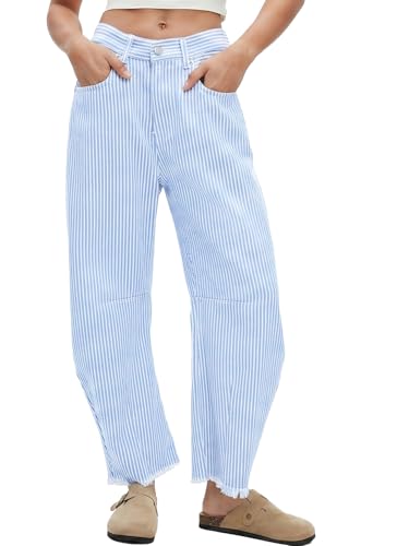 Kedera Womens Stripe Barrel Jeans Baggy Wide Leg Y2K Mid Rise Denim Pants
