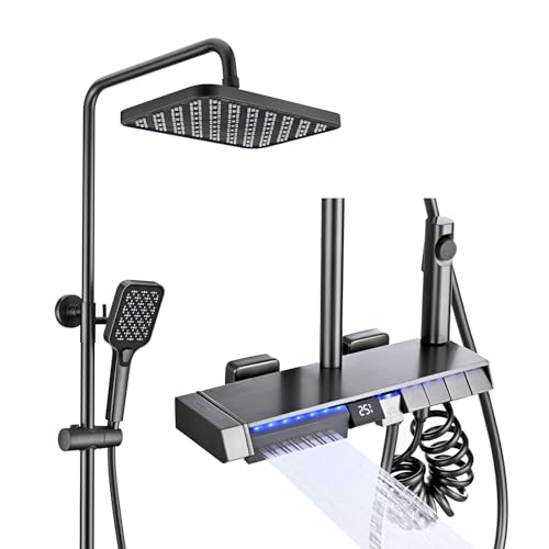 PINCHU Thermostatic Shower System Wall Mount Exposed Shower Faucet Set 5 Function Rain Shower Combo Set with Back Spa, Hand Shower, Shower Head, Bidet Spray, Tub Spout