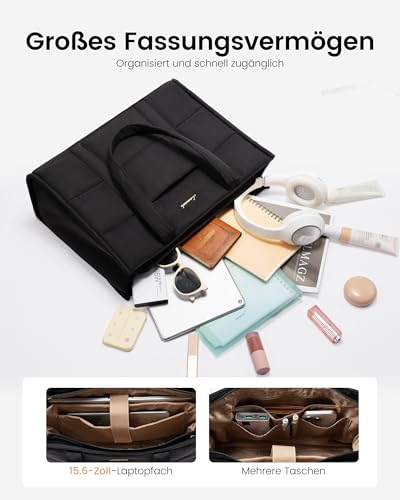 LOVEVOOK Handtasche Damen Groß, Puffer Laptoptasche 15,6 Zoll Shopper Tasche Arbeitstasche Aktentasche, Tote Bag Women Handbag Lehrertasche Schultasche Schultertasche für Uni Business Schule, Schwarz