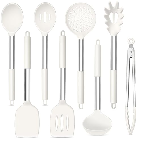 Image of TeamFar Kitchen Utensils Set of 8, Silicone Utensils Kitchen Tools-White