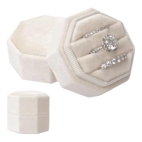 Gvhntk Velvet 3 Slots Jewelry Ring Box Vintage Octagon Ring Display Holder Gift Premium Gorgeous Case with Detachable Lid for Wedding Engagement Proposal Keepsake Ceremony (Beige) Cover