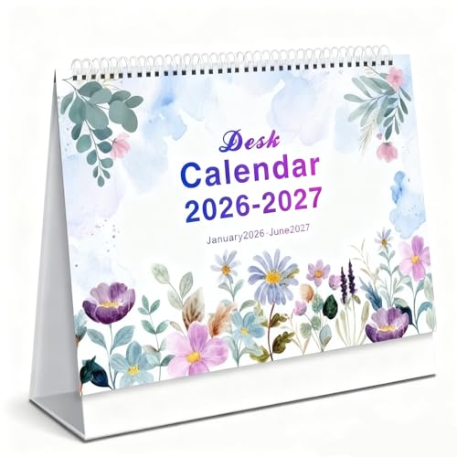 Vista mensual de vacaciones en calendario de escritorio 2026-2027 floral para mesa