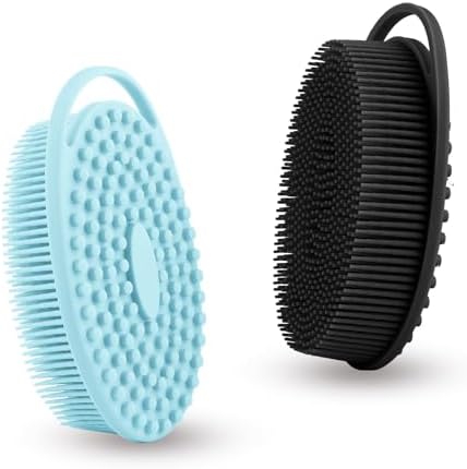 Silicone Body Scrubber, Exfoliating Silicone Body Shower, Silicone Loofah 2 in 1 Bath and Shampoo Brush, Body Scrubber Shower Cleaning Exfoliating for Sensitive Skin, Lather Well 2 PCS Black and Blue