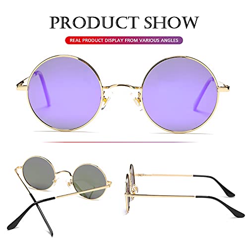 Poraday Circle Lennon Glasses Retro Round Polarized Sunglasses Hippie Style Small Circle Sun Glasses (Gold/Purple Mirror) #TOP5