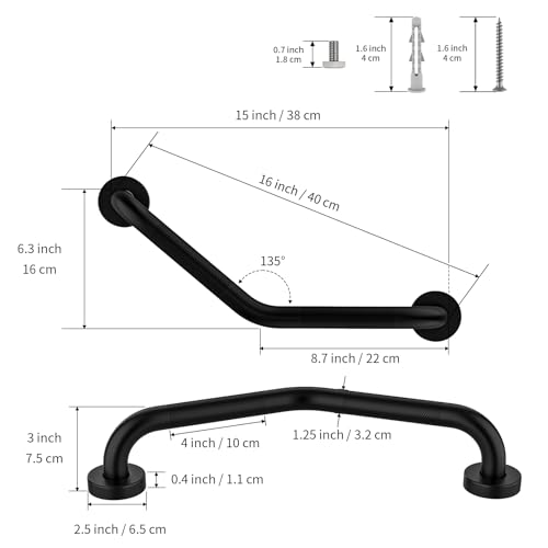 16 Inch Angled Grab Bar, Munzong Black Bathroom Grab Bar Handle w/Anti-Slip Knurled Grip, Stainless Steel Bath Balance Bar, 1.25" Diameter Safety Hand Rail Support,Handicap Elderly Senior,1 Pack by Munzong - Image 2