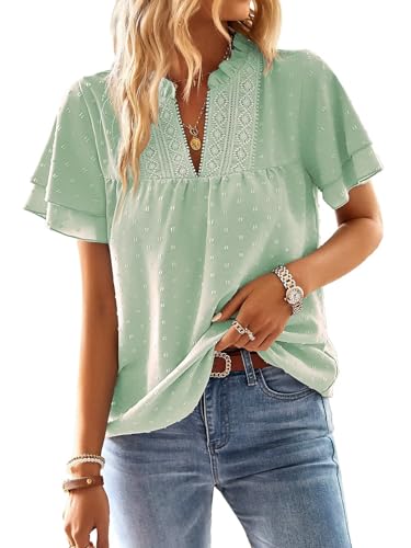 TUUHAW Ropa Mujer Talla Grande Camisetas Manga Corta Mujer Cuello en V Camisa Volantes Suelto Basic Blusas Casual Elegante Túnica Encaje Tops Color Sólido Estilo Retro Bordado T-Shirt Verde Claro XXL